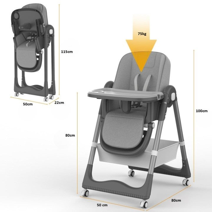 Scaun de Masa pentru Bebelusi si Copii 3 in 1, Multifunctional, Pliabil, Inaltime Ajustabila in 8 Trepte, Spatar Reglabil, 2 Tavite Detasabile, Centura 5 Puncte, Roti cu Blocare, Gri, 100x50x80cm