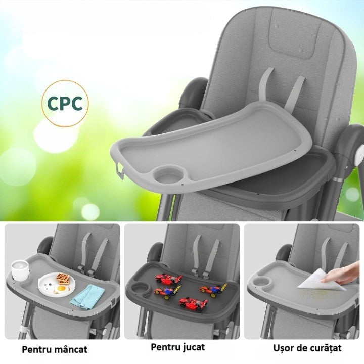 Scaun de Masa pentru Bebelusi si Copii 3 in 1, Multifunctional, Pliabil, Inaltime Ajustabila in 8 Trepte, Spatar Reglabil, 2 Tavite Detasabile, Centura 5 Puncte, Roti cu Blocare, Gri, 100x50x80cm