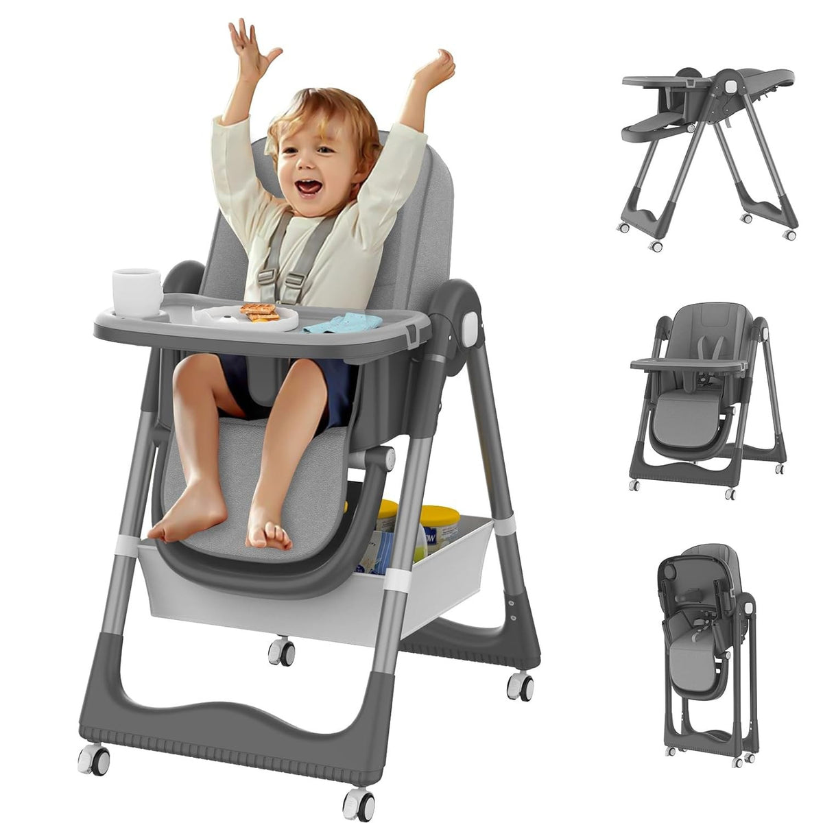 Scaun de Masa pentru Bebelusi si Copii 3 in 1, Multifunctional, Pliabil, Inaltime Ajustabila in 8 Trepte, Spatar Reglabil, 2 Tavite Detasabile, Centura 5 Puncte, Roti cu Blocare, Gri, 100x50x80cm
