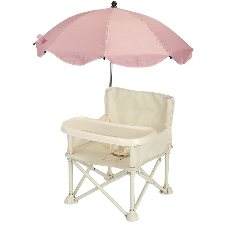 Scaun de Masa Portabil pentru Bebelusi si Copii, Inaltator Multifunctional Pliabil cu Umbrela, Tavita Detasabila si Centura Siguranta, Otel si Material Oxford, Bej si Roz, 6 Luni - 4 Ani