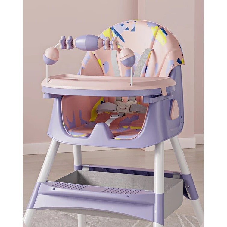Scaun de Masa Multifunctional 3 in 1 pentru Bebelusi si Copii, Balansoar, Spatar Reglabil si 2 Tavite Detasabile, Cadru Otel cu Roti si Cos Depozitare, 97x73x65 cm, Mov