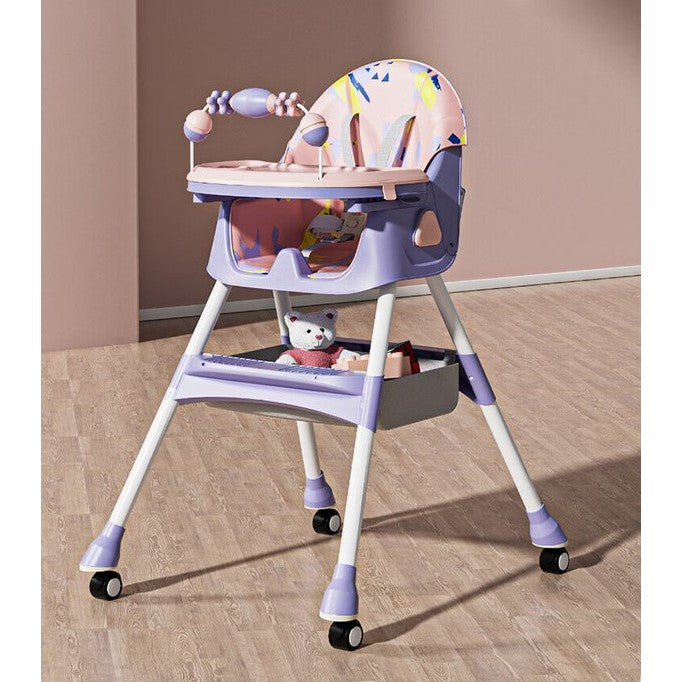Scaun de Masa Multifunctional 3 in 1 pentru Bebelusi si Copii, Balansoar, Spatar Reglabil si 2 Tavite Detasabile, Cadru Otel cu Roti si Cos Depozitare, 97x73x65 cm, Mov