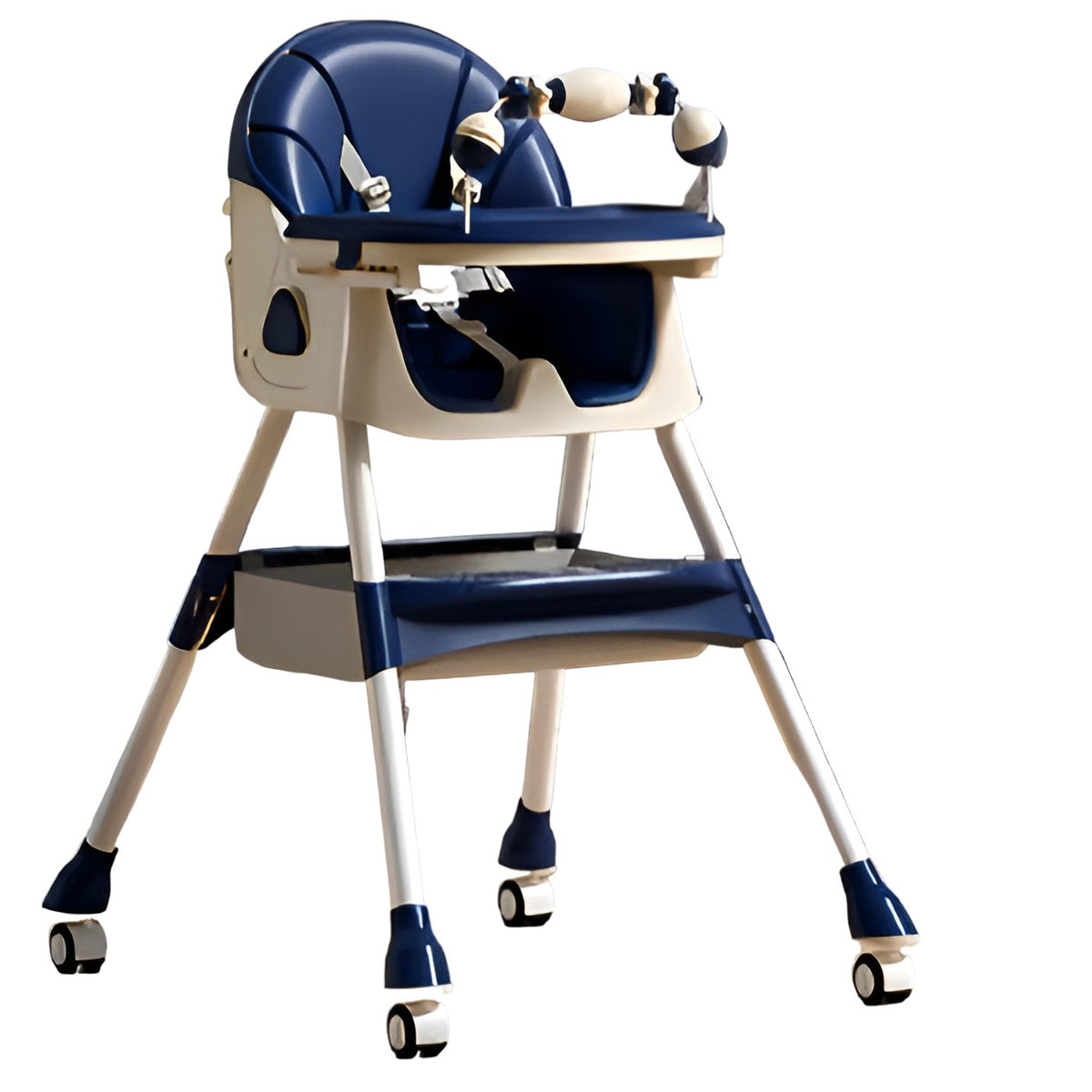 Scaun de Masa pentru Bebelusi si Copii 3 in 1, Multifunctional cu Functie Balansoar, Pliabil, Roti cu Blocare, Spatar Reglabil si 2 Tavite Detasabile, Cos Depozitare, Albastru