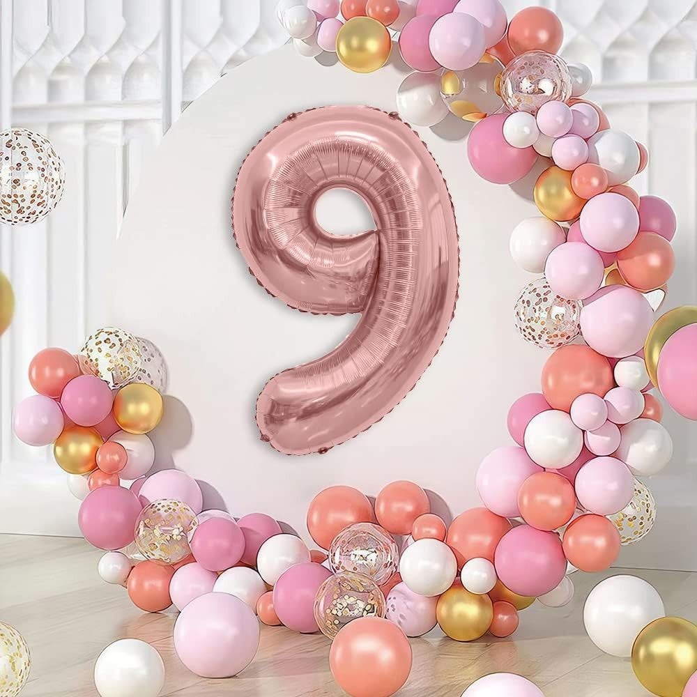 Balon Aniversar Cifra 9, Figurina Gigant 100 cm, Folie Metalizata, Umflare Aer sau Heliu, Include Pai, Rose Gold