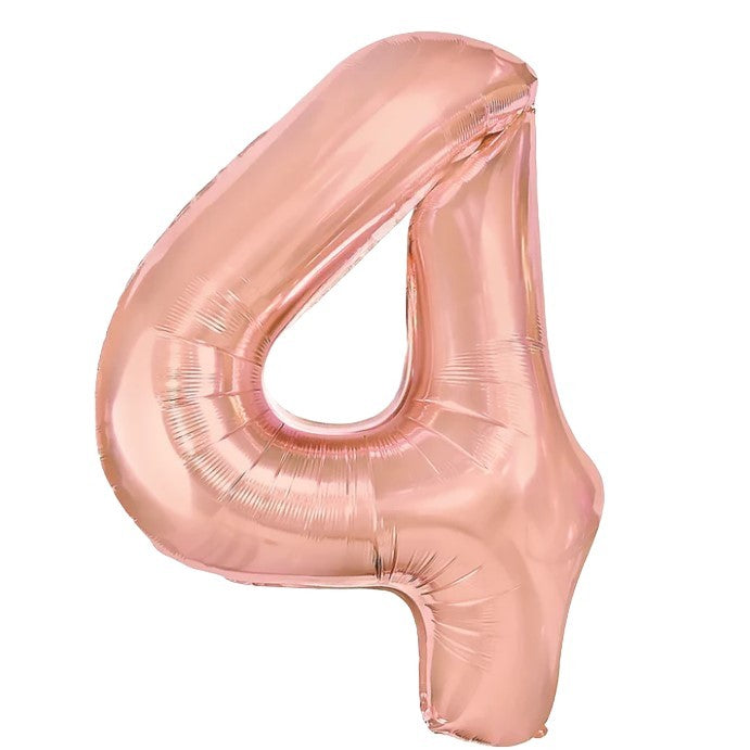 Balon Aniversar Cifra 4 din Folie Metalizata, Figurina Gigant pentru Petrecere, Umflare Aer sau Heliu, Include Pai, 100 cm, Rose Gold
