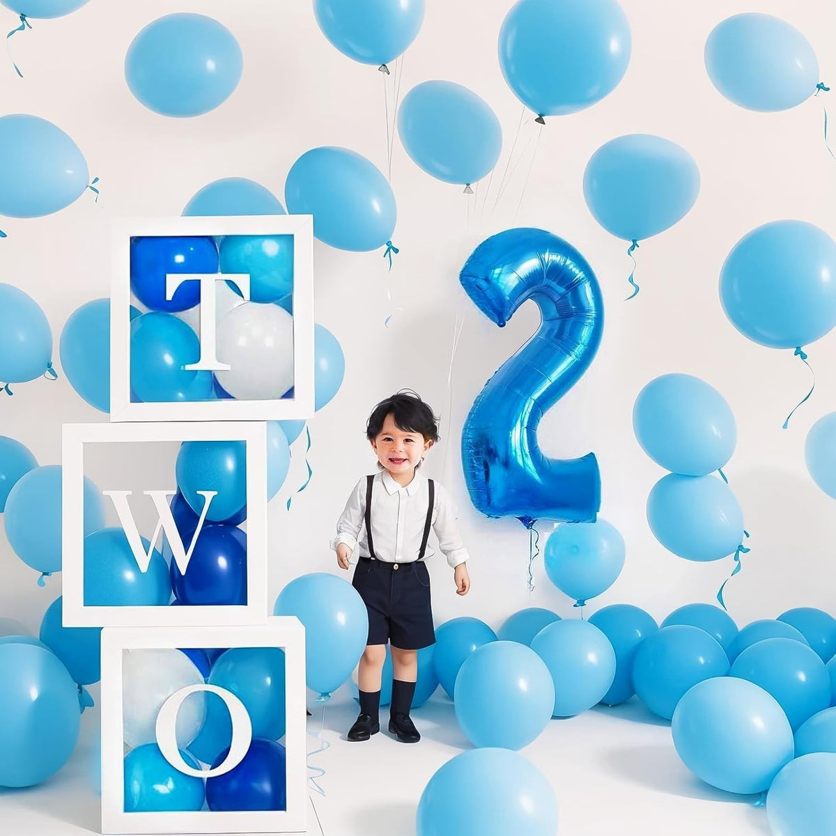 Balon Aniversar Cifra 2, Figurina Gigant din Folie Metalizata, Umflare Aer sau Heliu, Include Pai, 100 cm, Albastru