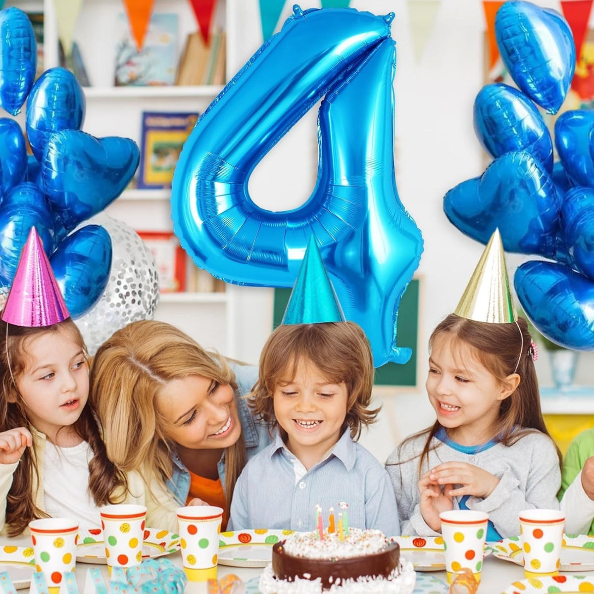 Balon Aniversar Cifra 4, Figurina Gigant 100 cm, Umflare Aer sau Heliu, Folie de Aluminiu, Albastru, 1 Bucata