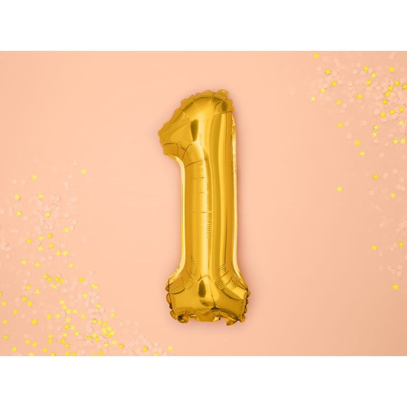 Balon din Folie Metalizata, Figurina Cifra 1 pentru Aniversare, Umflare cu Aer sau Heliu, Include Pai, 100 cm, Auriu