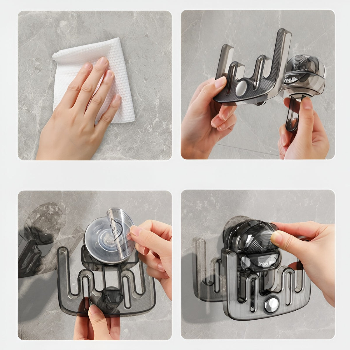 Suport Papuci de Baie si Incaltaminte, Montare pe Perete fara Perforare, Sistem de Drenaj si Ventilatie, Prindere cu Ventuza Adeziva, Plastic ABS, 11.6x11x4.8 cm, Gri Transparent