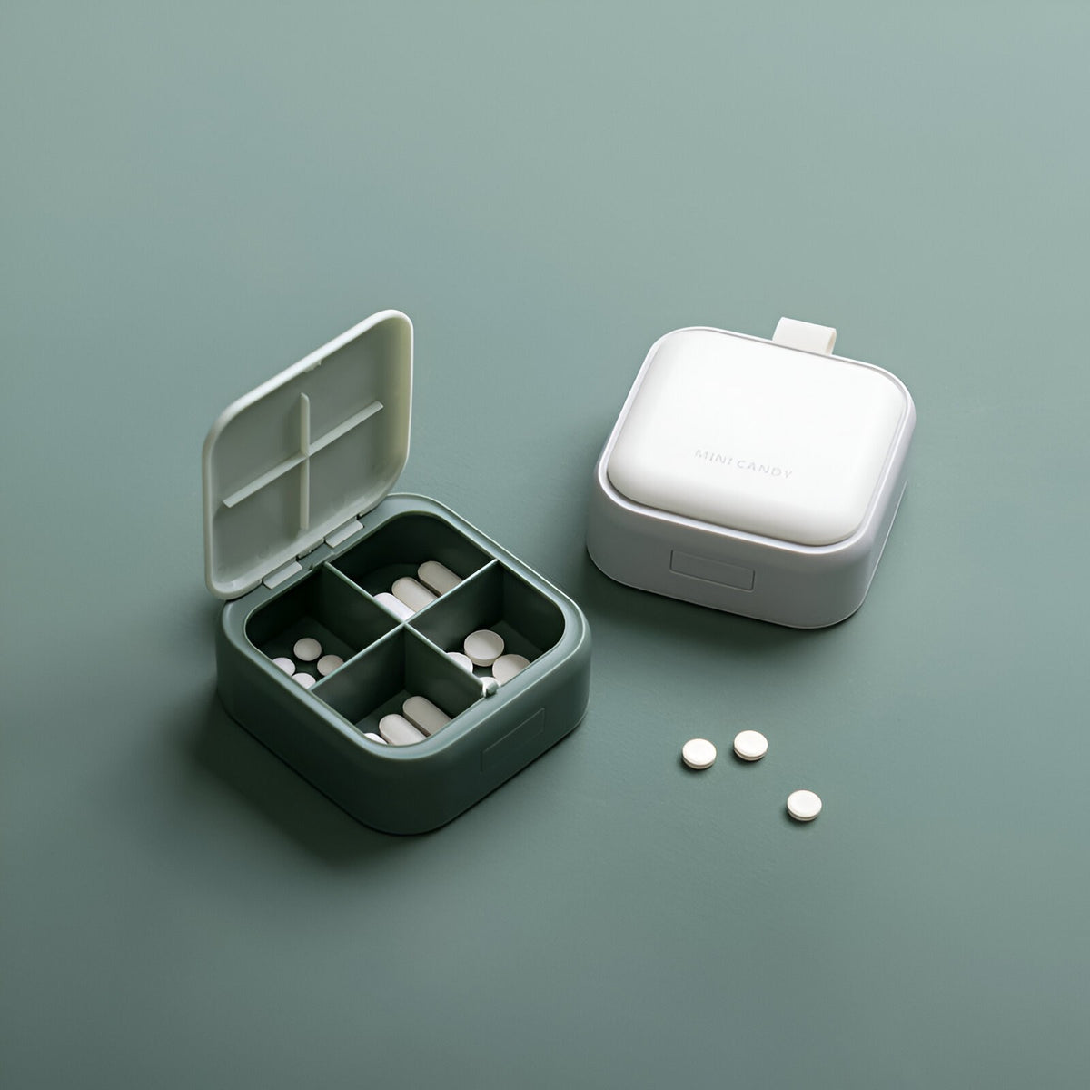 Organizator Medicamente Portabil, Cutie Depozitare Pastile cu 4 Compartimente, Inchidere Etans si Clips, Plastic PP Fara BPA, Forma Patrata, Verde, 7.5x7.5x3 cm