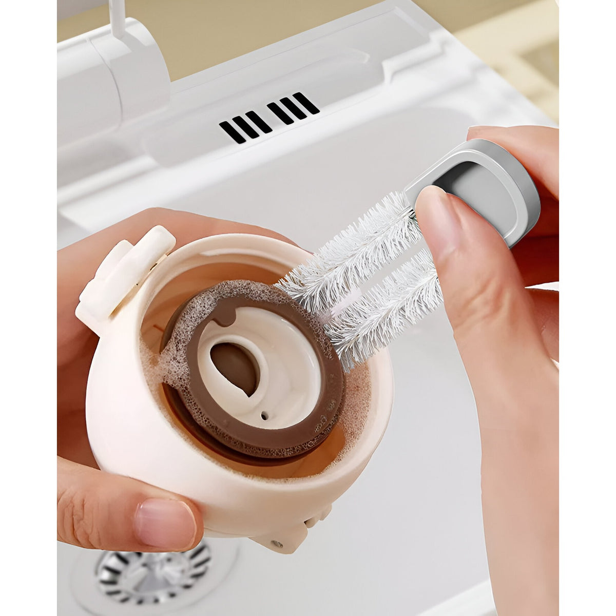 Perie de Curatat Pahare si Sticle, Set 4 in 1 cu Maner Lung si Burete, Perie Paie si Capace, ABS si Silicon, 27.5 cm, Alb