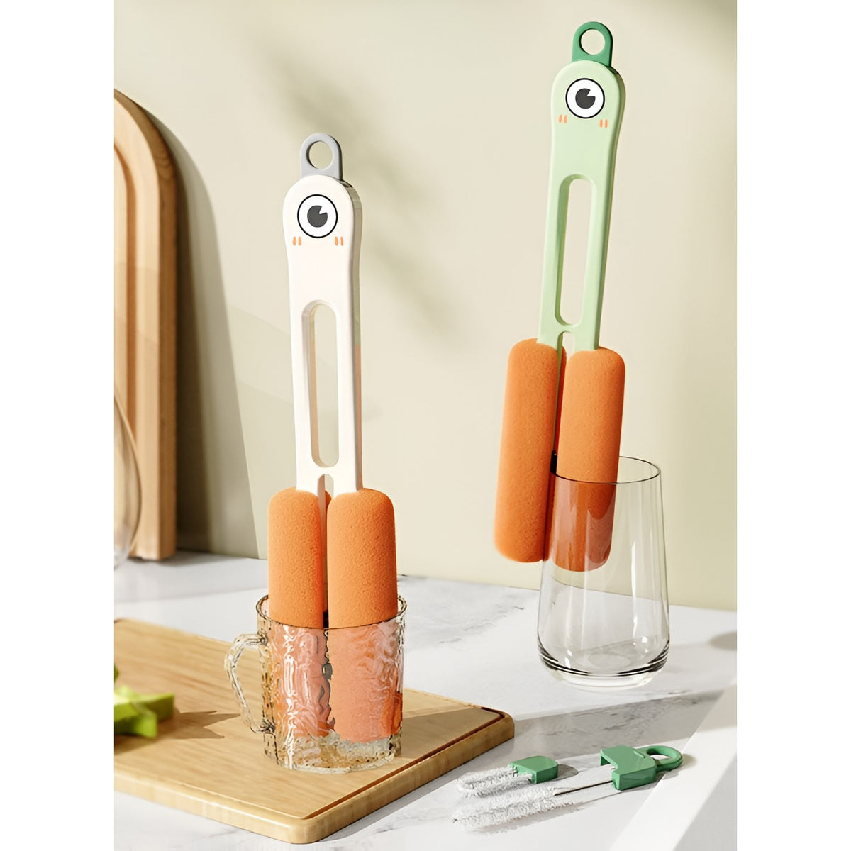 Perie de Curatat Pahare si Sticle 4 in 1, Set Curatare cu Maner Lung, Burete si Accesorii pentru Paie sau Capace, ABS si Silicon, 27.5 cm, Verde