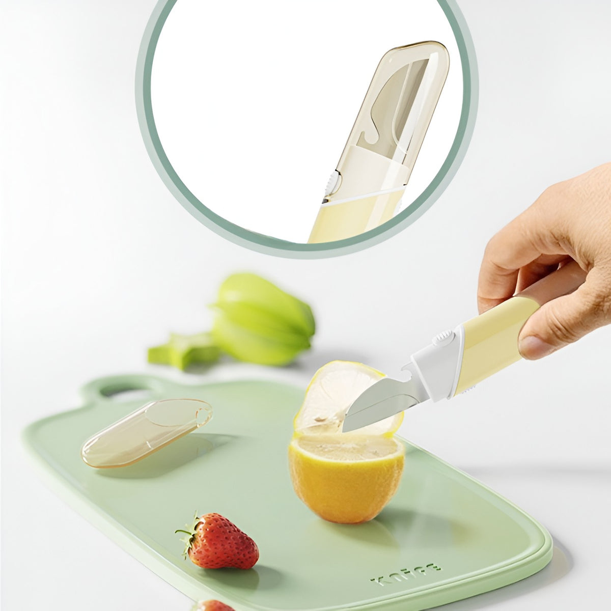 Cuțit de Bucătărie Multifuncțional 4 în 1, Curățător Legume, Răzătoare, Deschizător Sticle și Conserve, Oțel Inoxidabil și Plastic, 18.1x3.8x2 cm, Galben