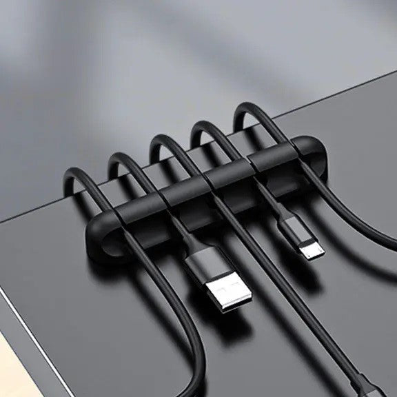Organizator Cabluri si Fire, Suport Autoadeziv cu 5 Sloturi, Management Cablu USB si Mouse, Silicon Flexibil, 9.6x2.2 cm, Negru