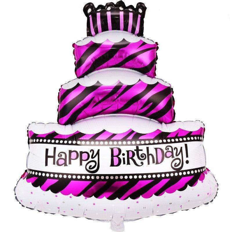 Balon Aniversar din Folie Metalizata, Model Tort cu 4 Straturi Happy Birthday, Umflare Aer sau Heliu, include Pai, 62x43 cm, Mov