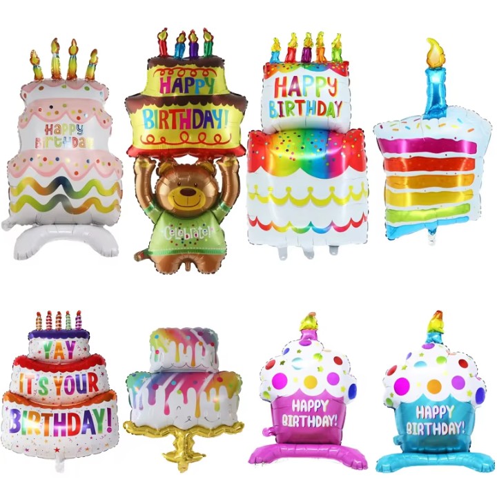 Balon Aniversar din Folie Metalizata, Model Prajitura cu Lumanare, Compatibil Aer sau Heliu, Include Pai Umflare, Multicolor, 84x53 cm
