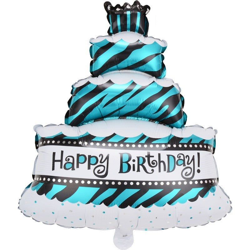 Balon Aniversar din Folie Metalizata, Model Tort cu 4 Straturi Happy Birthday, Umflare Aer sau Heliu, Include Pai, 62x43 cm, Albastru