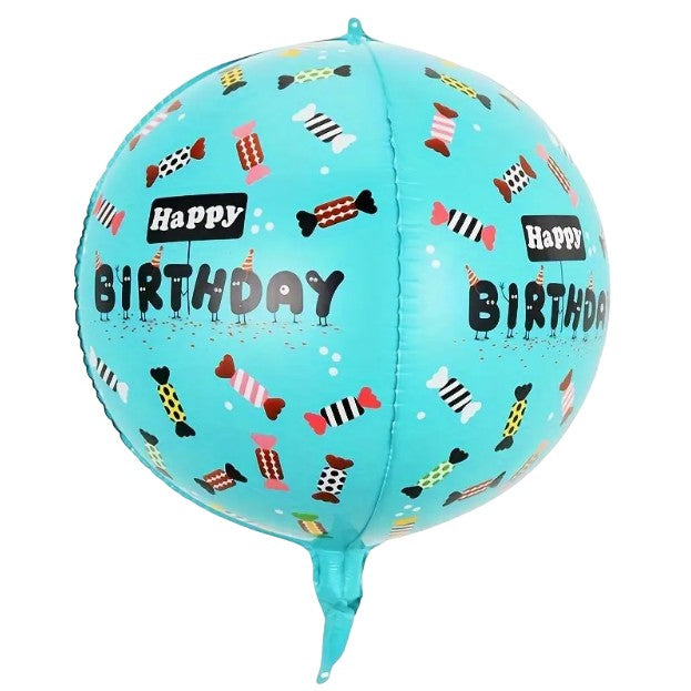 Balon din Folie Metalizata Happy Birthday, Figurina 4D Tematica Bombonele, Umflare cu Aer sau Heliu, include Pai de Umflare, 63x24 cm, Albastru