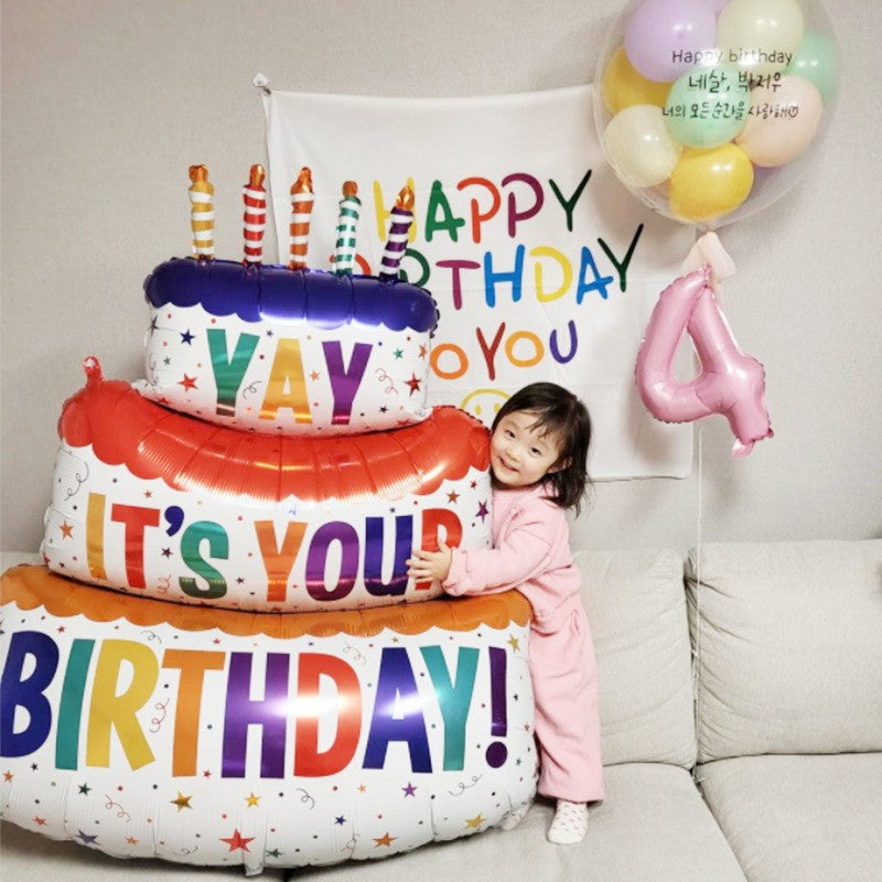 Balon Aniversar din Folie Metalizata, Model Tort cu 3 Straturi Happy Birthday, Umflare Aer sau Heliu, Include Pai, Multicolor, 102x62 cm
