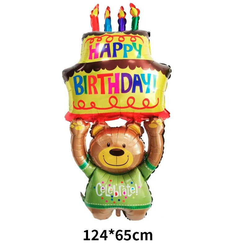 Balon Aniversar din Folie Metalizata, Model Ursulet cu Tort, Figurina Animalute, Umflare Aer sau Heliu, include Pai, 124x65 cm, Multicolor