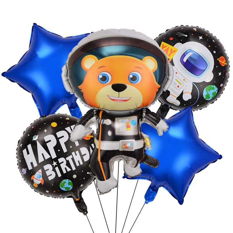 Set 5 Baloane Aniversare Happy Birthday, Model Ursulet Astronaut si Stelute, Folie de Aluminiu Metalizata, Include Pai si Adeziv, 78 x 45 cm, Multicolor