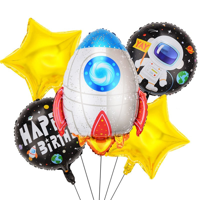Set 5 Baloane Aniversare Happy Birthday, Model Racheta si Stelute, Folie Metalizata cu Accesorii de Fixare, 78 x 45 cm, Galben/Alb