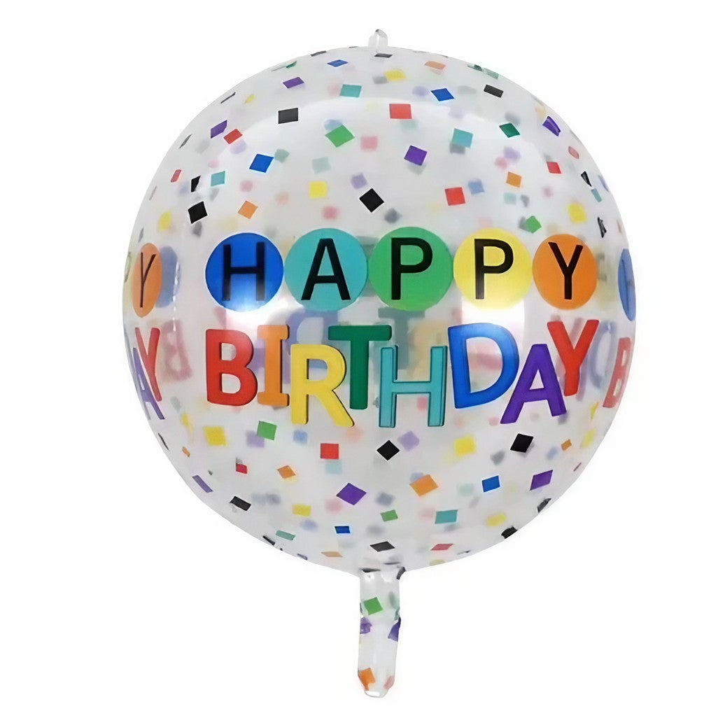 Balon Aniversar Happy Birthday, Model Figurina 4D Tematica Bombonele, Folie Metalizata, Umflare Aer sau Heliu, include Pai, 63x24 cm, Alb-Multicolor