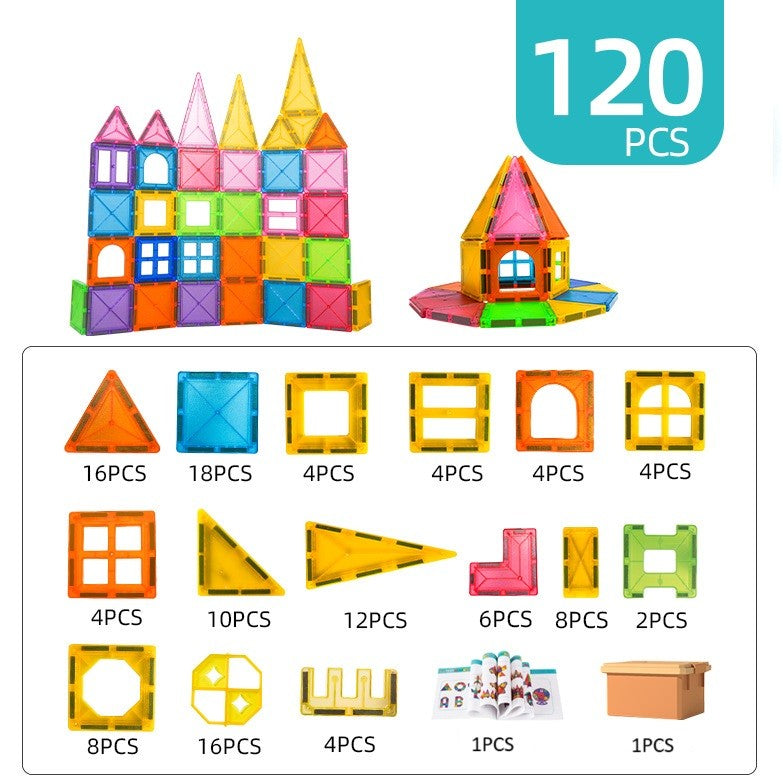Set de Constructie Magnetic, Joc Educativ cu 120 Piese Mari, Puzzle 3D Magnetic Tiles, Dezvoltare Creativitate, Plastic ABS Non-toxic, Multicolor