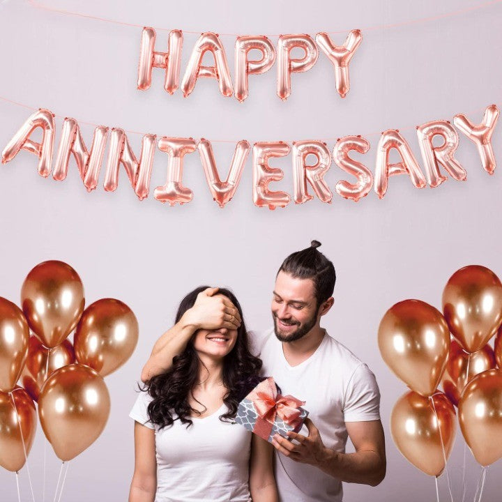 Set Baloane Party Happy Anniversary, Litere Din Folie Metalizata, Umflare Aer Sau Heliu, Pai Inclus, Aluminiu, Roz, 40 cm