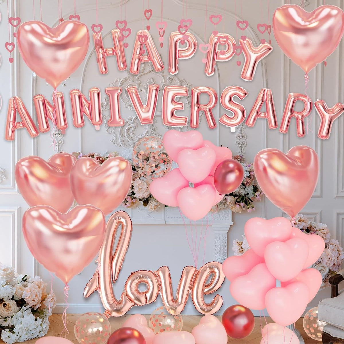 Set Baloane Party Happy Anniversary, Litere Din Folie Metalizata, Umflare Aer Sau Heliu, Pai Inclus, Aluminiu, Roz, 40 cm