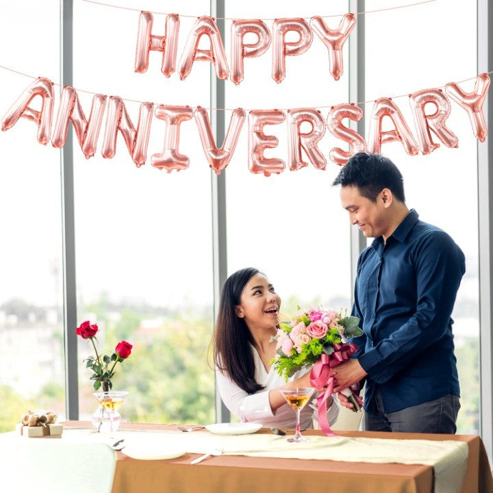 Set Baloane Party Happy Anniversary, Litere Din Folie Metalizata, Umflare Aer Sau Heliu, Pai Inclus, Aluminiu, Roz, 40 cm