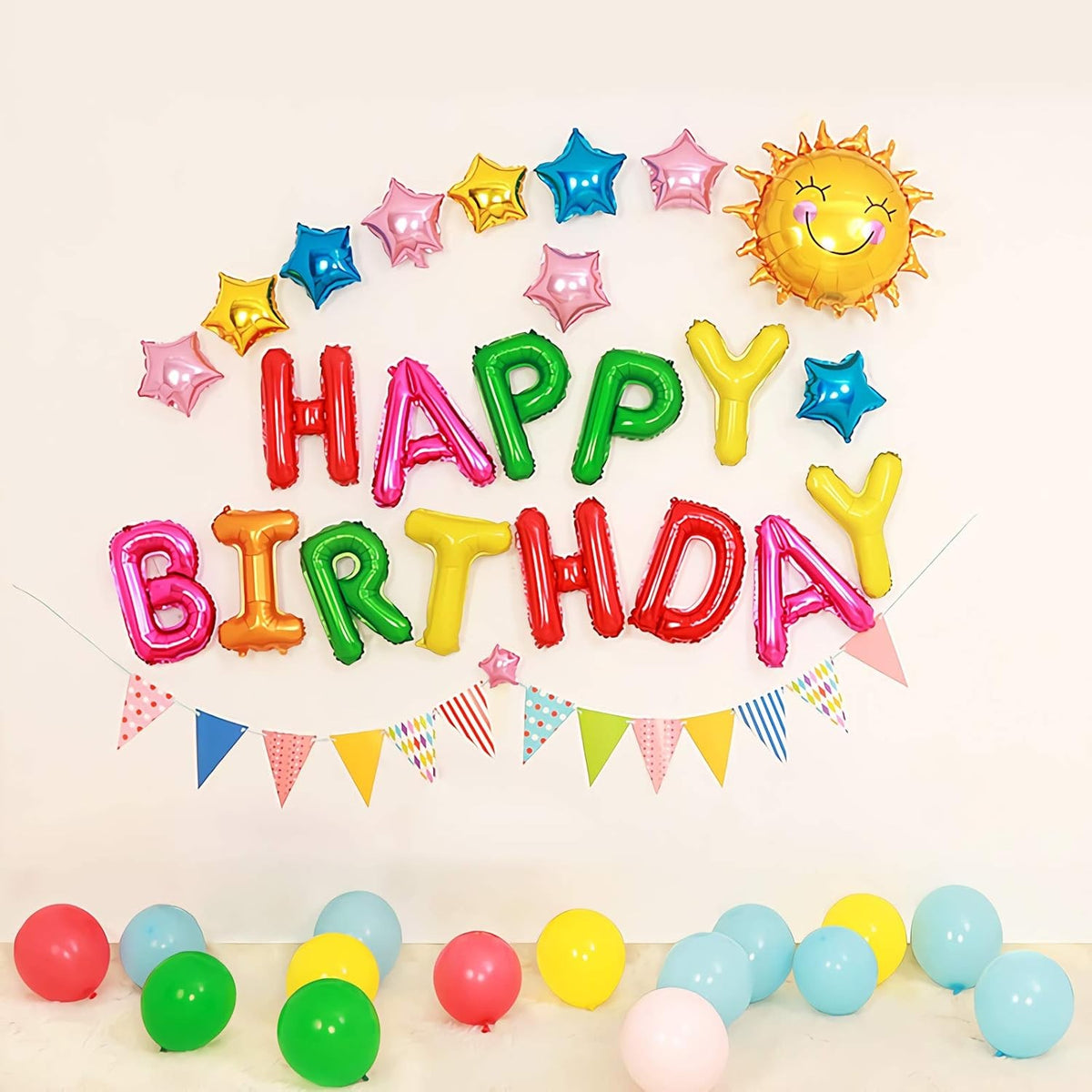 Set Baloane Party Happy Birthday, Litere din Folie Metalizata de 40 cm, Umflare Aer sau Heliu, Include Pai si Accesorii, Multicolor