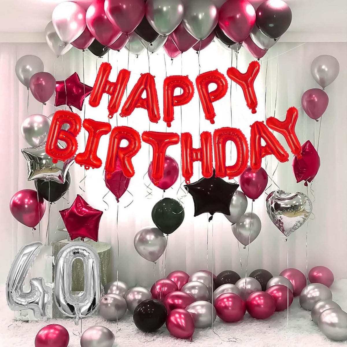 Set Baloane Happy Birthday, Litere de 40 cm, Folie Metalizata, Kit Accesorii Inclus cu Pai si Adeziv, Umflare Aer sau Heliu, Rosu