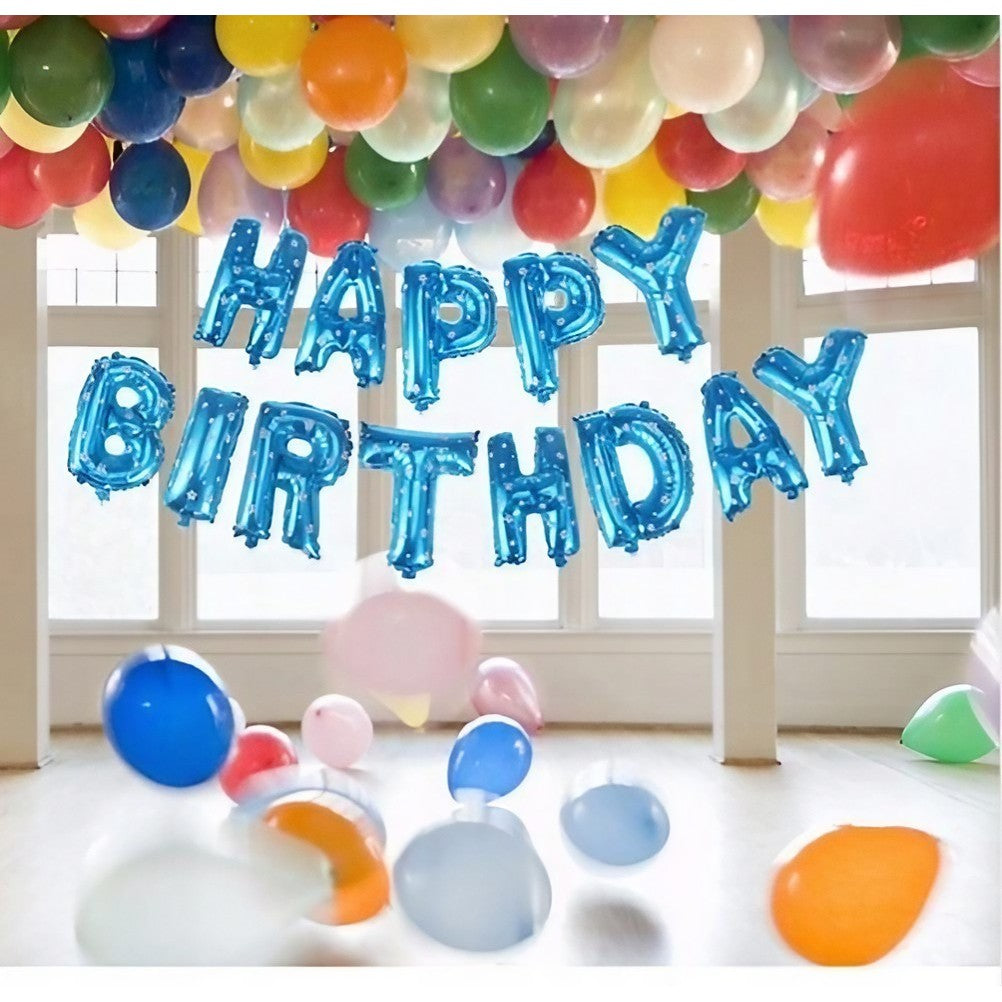 Set Baloane Aniversare Happy Birthday, Litere Din Folie Metalizata, Umflare Aer Sau Heliu, Include Pai Si Accesorii, Inaltime 40 cm, Albastru
