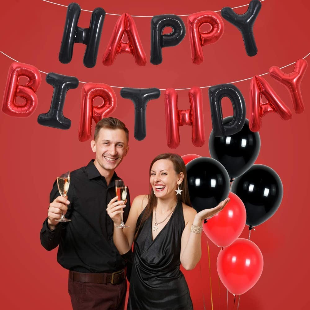 Set Baloane Happy Birthday, Litere Aniversare 40 cm, Folie Metalizata, Kit Complet cu Pai, Ata si Adeziv, Umflare Aer sau Heliu, Rosu-Negru