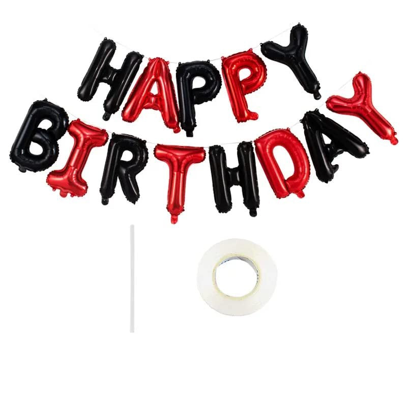 Set Baloane Happy Birthday, Litere Aniversare 40 cm, Folie Metalizata, Kit Complet cu Pai, Ata si Adeziv, Umflare Aer sau Heliu, Rosu-Negru