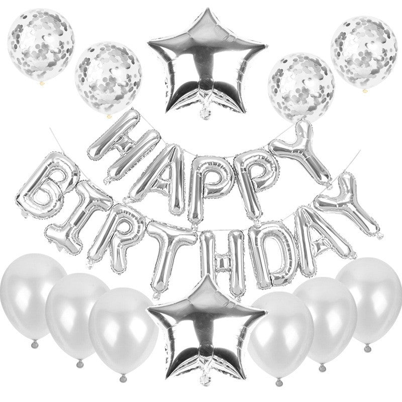 Set 25 Baloane Aniversare Happy Birthday, Folie Metalizata si Latex cu Confetti si Stelute, 40 cm, Argintiu si Roz