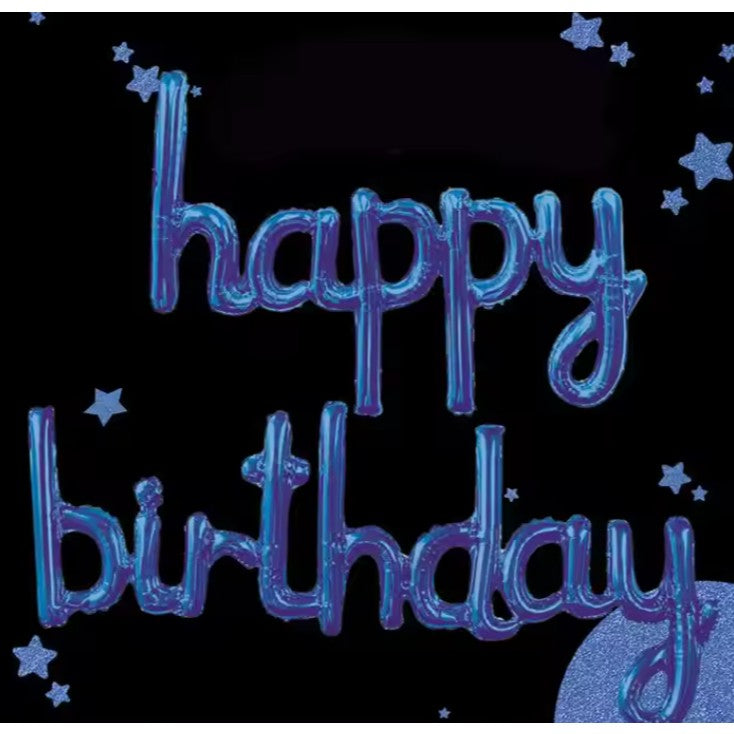 Set Baloane Happy Birthday, Baloane Party Aniversare din Folie Metalizata, Umflare Aer sau Heliu, Include Pai, 2 Piese, Albastru, 45x85 cm si 45x124 cm