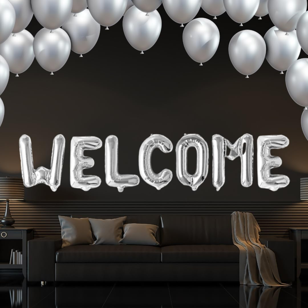 Set Baloane Litere Welcome, Folie Metalizata Party, Umflare Aer sau Heliu, Inaltime 40 cm, Argintiu