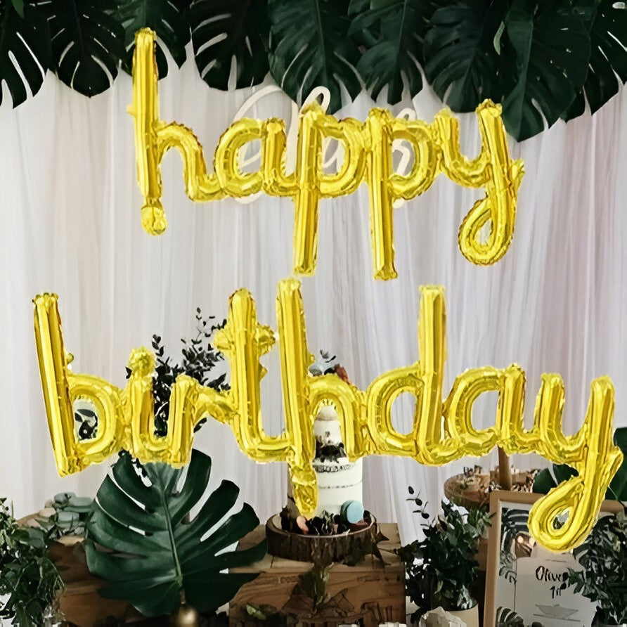 Set Baloane Aniversare Happy Birthday, Baloane Party din Folie de Aluminiu, Umflare Aer sau Heliu, Pai Inclus, 45x85 cm si 45x124 cm, Auriu