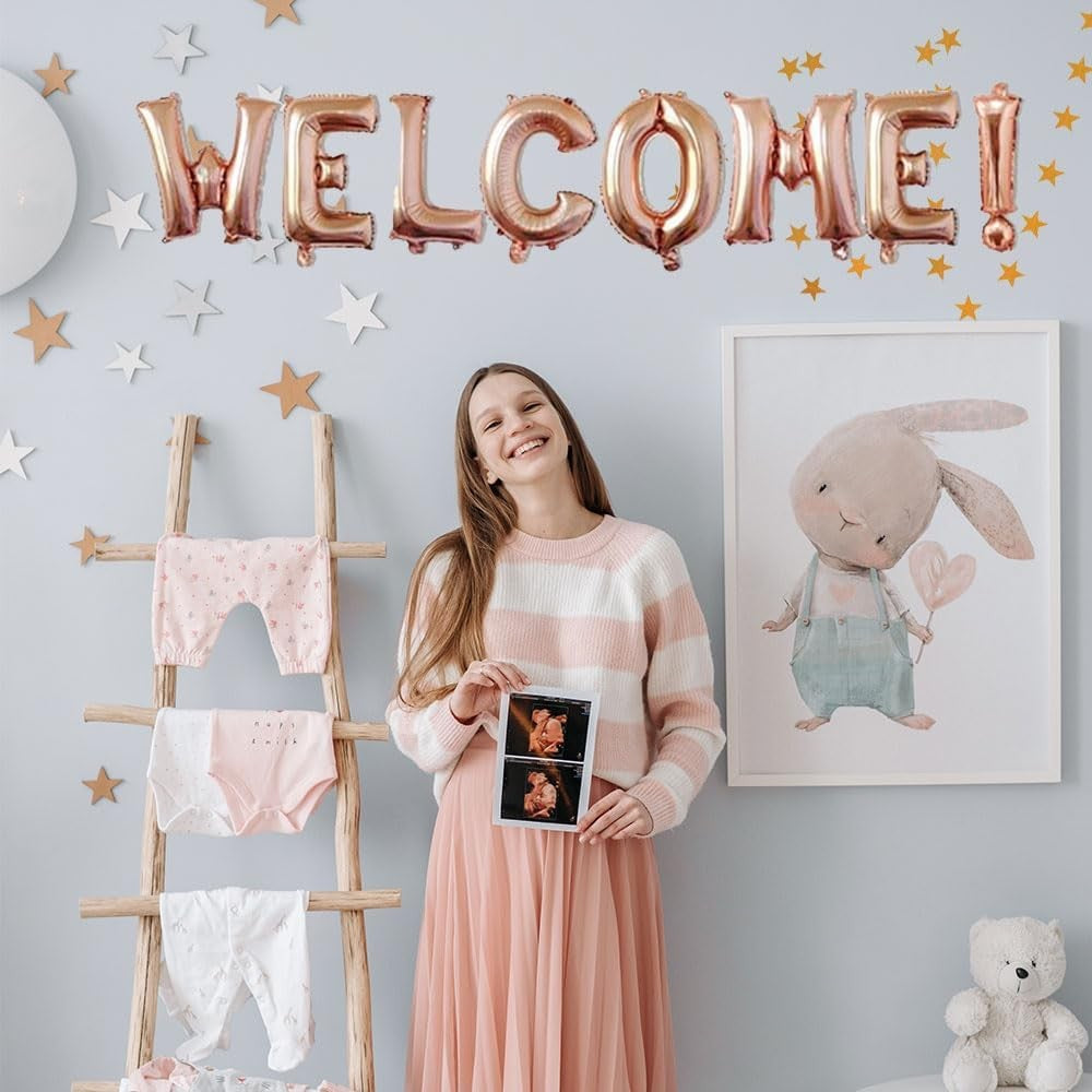 Set Baloane Litere Welcome, Baloane Party din Folie de Aluminiu, Mesaj Bun Venit, Umflare Aer sau Heliu, Inclus Pai pentru Umflare, Inălțime Litere 40 cm, Roz