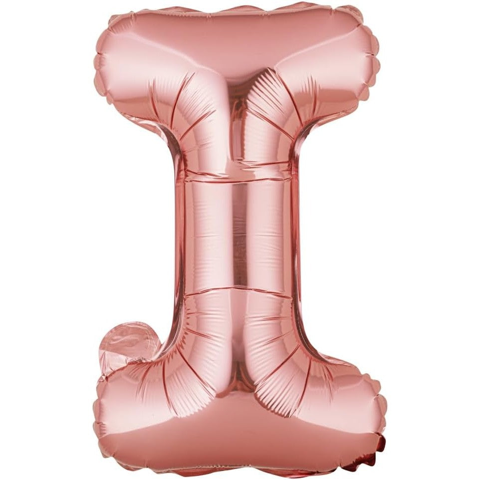 Balon Folie Metalizata Litera I, Decoratiune Petrecere Umflabila cu Heliu sau Aer, Aluminiu, Inaltime 40 cm, Pai Inclus, Rose Gold