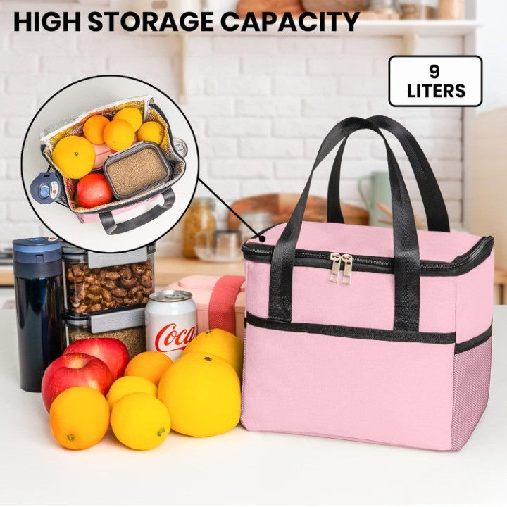 Geanta Termica pentru Pranz si Picnic, Izolatie Alimente, Buzunare pentru Telefon si Tacamuri, Material Impermeabil, 24x18x21 cm, Roz