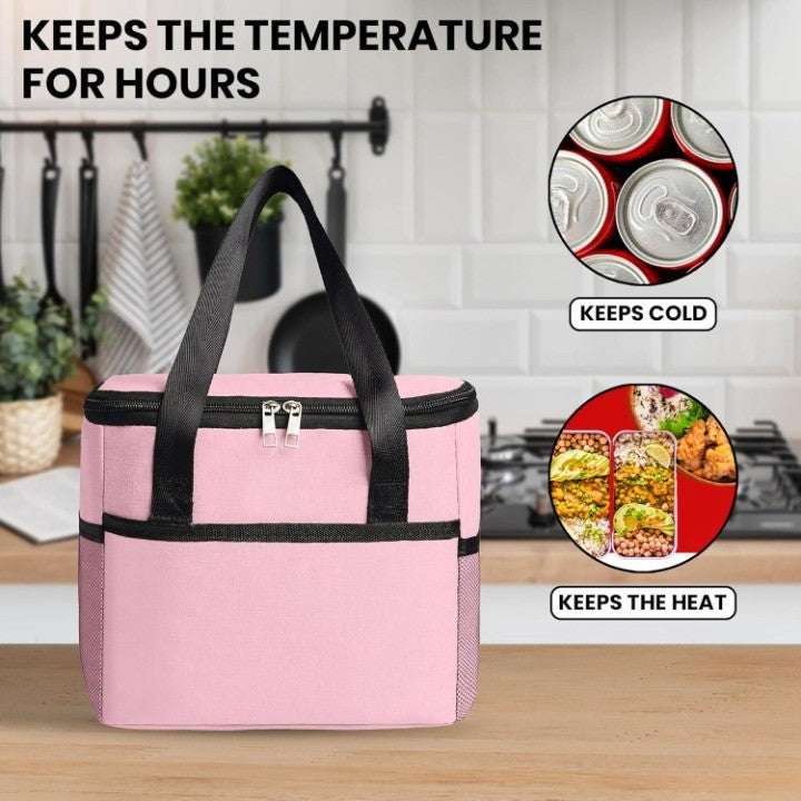 Geanta Termica pentru Pranz si Picnic, Izolatie Alimente, Buzunare pentru Telefon si Tacamuri, Material Impermeabil, 24x18x21 cm, Roz