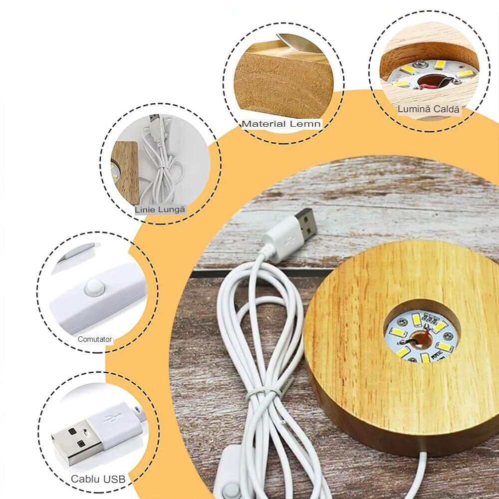 Lampă LED Decorativă, Bilă de Cristal 3D cu Model Brad de Crăciun, Gravură Laser, Suport din Lemn, Alimentare USB, Lumină Alb Cald, 6 cm
