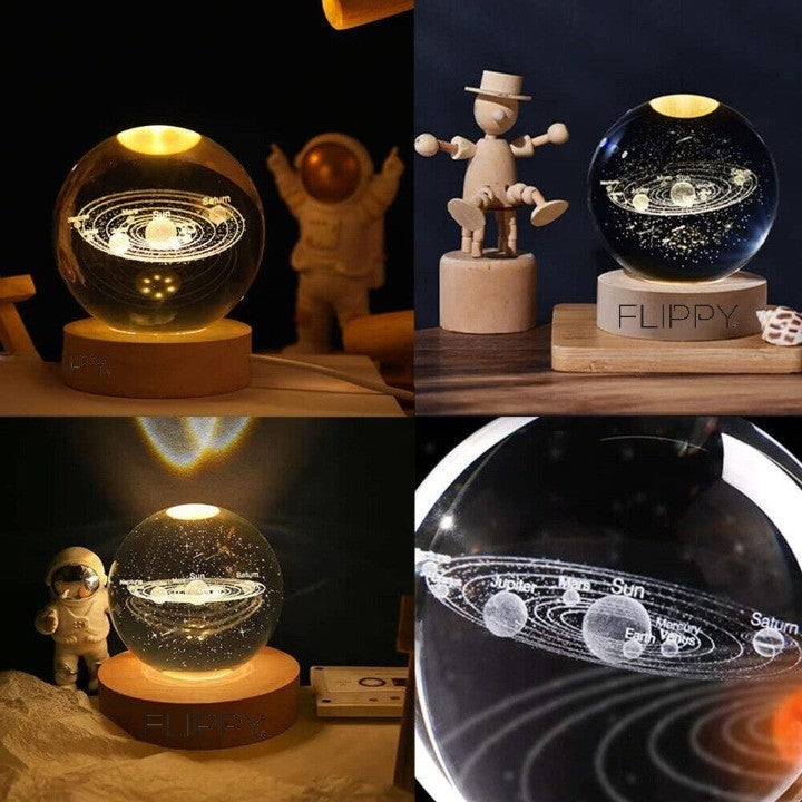 Lampa LED Decorativa, Bila de Cristal 3D Gravata Laser, Model Sistemul Solar, Suport din Lemn, Alimentare USB, Lumina Alb Cald, 6 cm