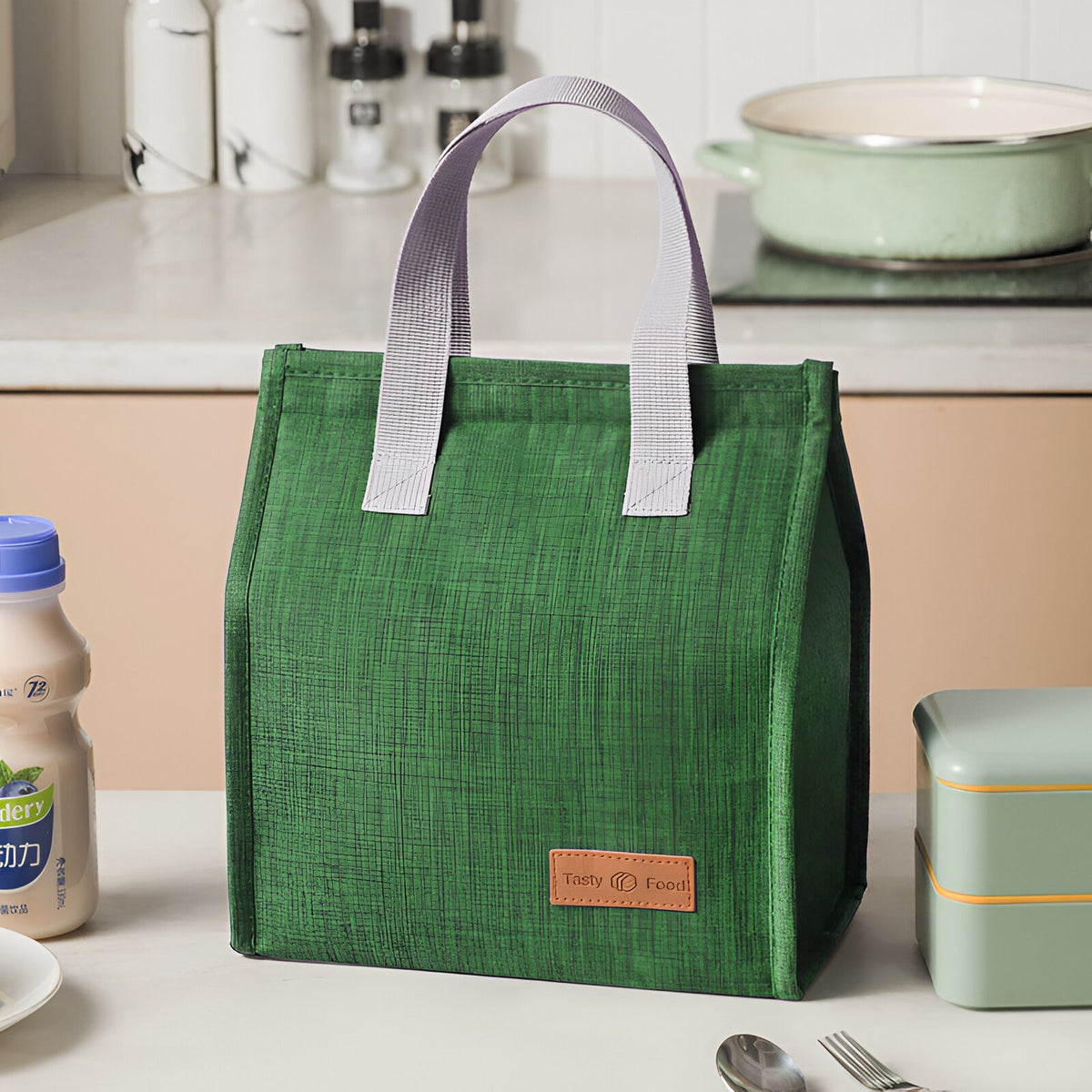 Geanta Termoizolanta Tip Bento Bag, Camping Cooler Pentru Pranz, Interior Aluminiu, Capacitate 3.3 L, 22.5x13x25.5 cm, Verde
