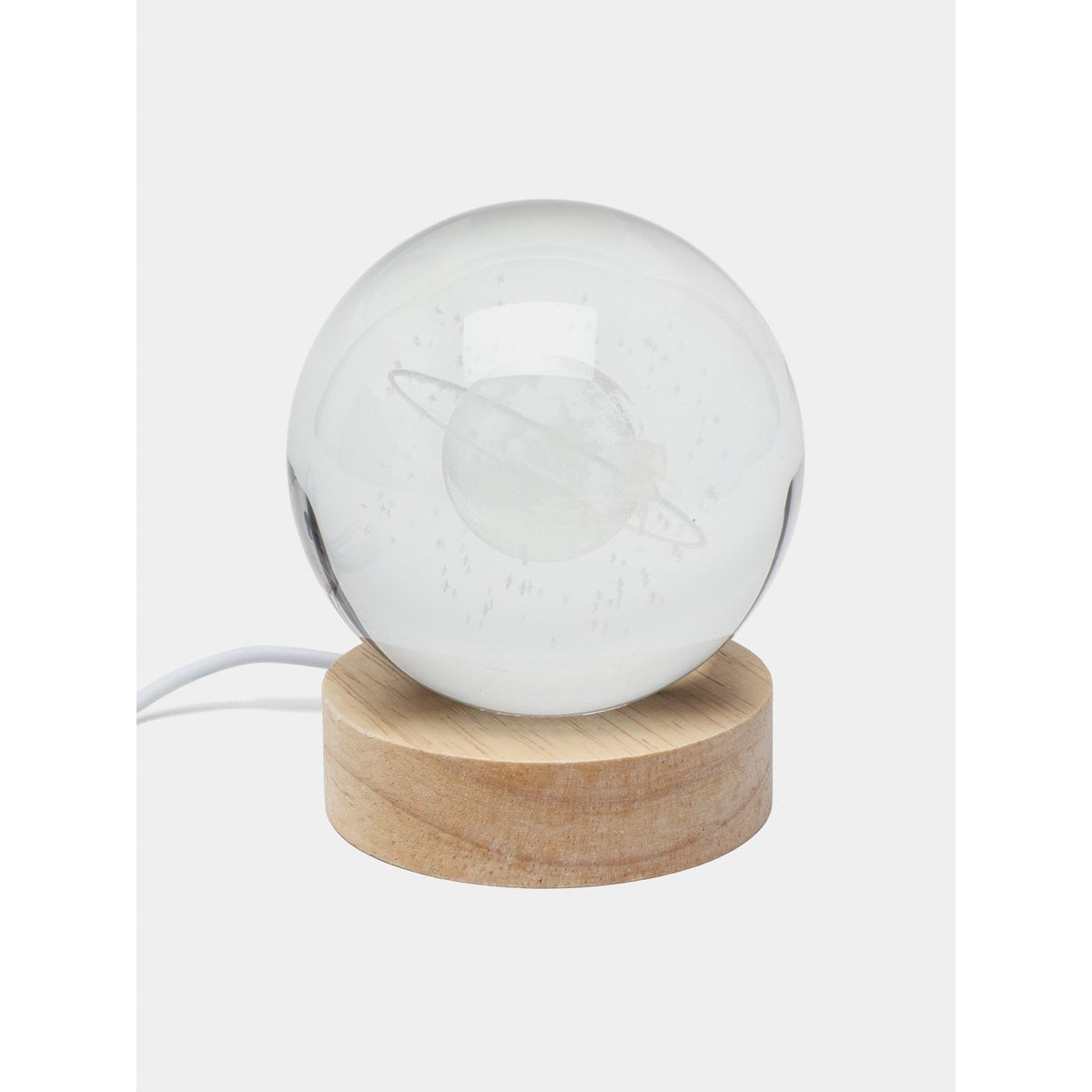 Lampa LED Decorativa, Bila de Cristal 3D cu Model Cer Instelat, Gravura Laser, Suport din Lemn, Alimentare USB, Lumina Alb Cald, Diametru 6 cm