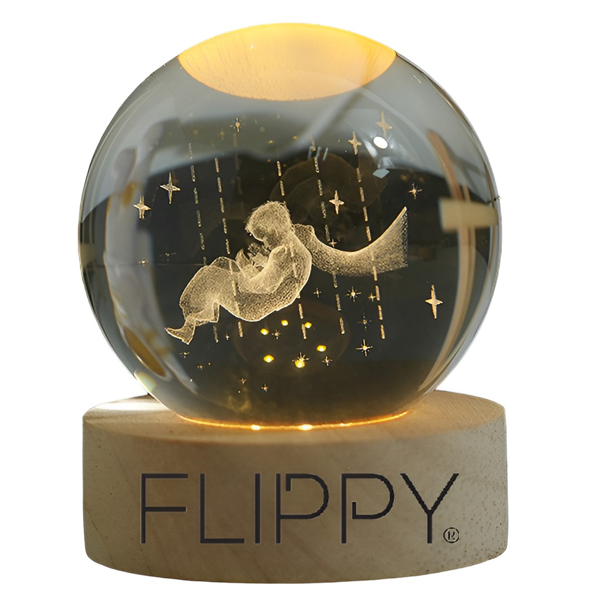 Lampa LED Decorativa, Bila de Cristal 3D cu Gravura Laser Micul Print, Suport din Lemn, Alimentare USB, Diametru 6cm, Lumina Alb Cald