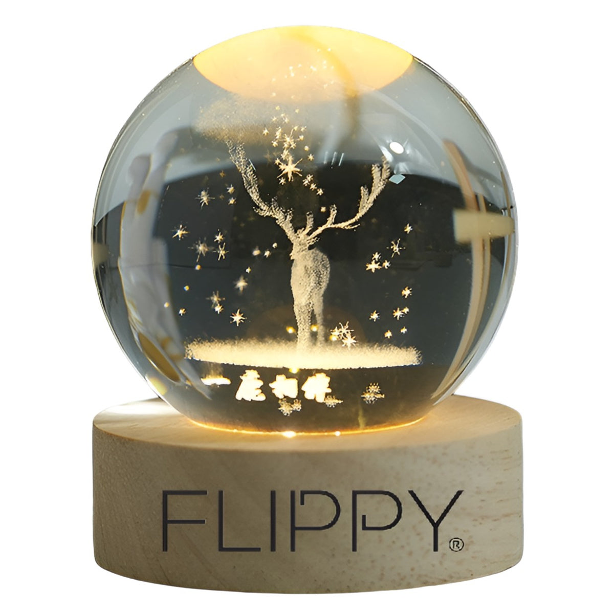 Lampa LED Decorativa, Bila Cristal 3D cu Model Cerb, Gravura Laser, Suport din Lemn, Alimentare USB, Lumina Alb Cald, 6 cm